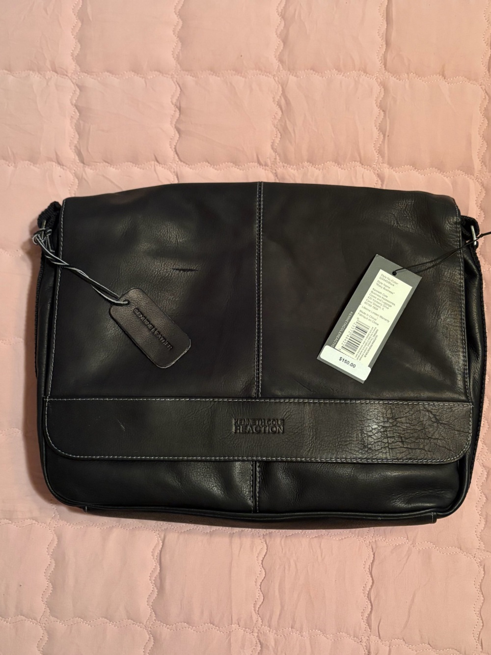 Kenneth Cole Black Leather Laptop Messenger Bag